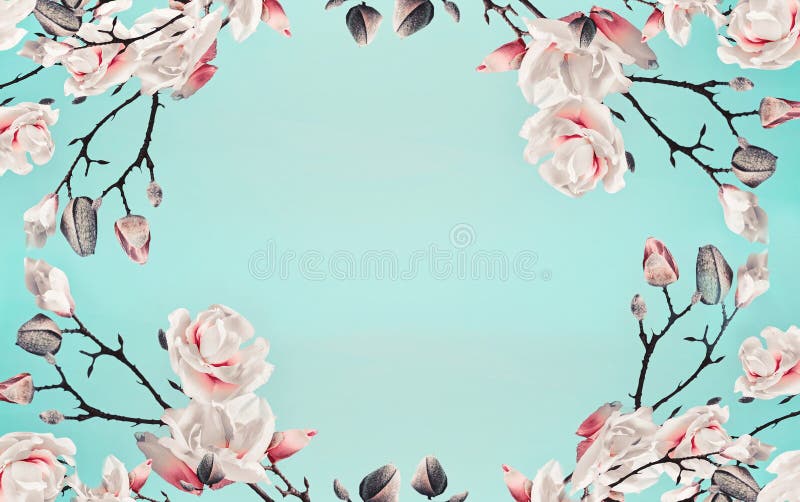 Magnolia pink blossom flowers frame at light blue turquoise background. Floral border. Pattern of branch with flowers. Spring template or layout. Pastel color. Magnolia pink blossom flowers frame at light blue turquoise background. Floral border. Pattern of branch with flowers. Spring template or layout. Pastel color